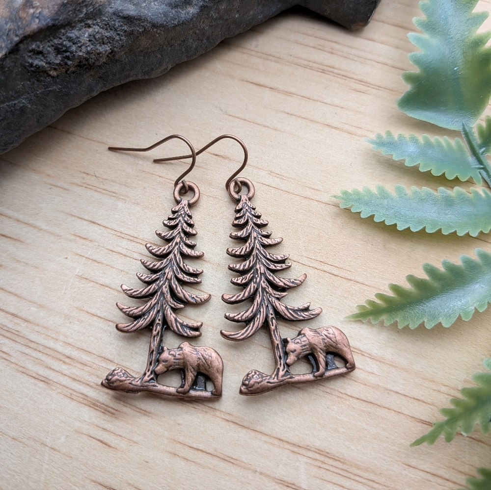 Copper Bear & Pine Tree Dangle Earrings - Women Jewelry
